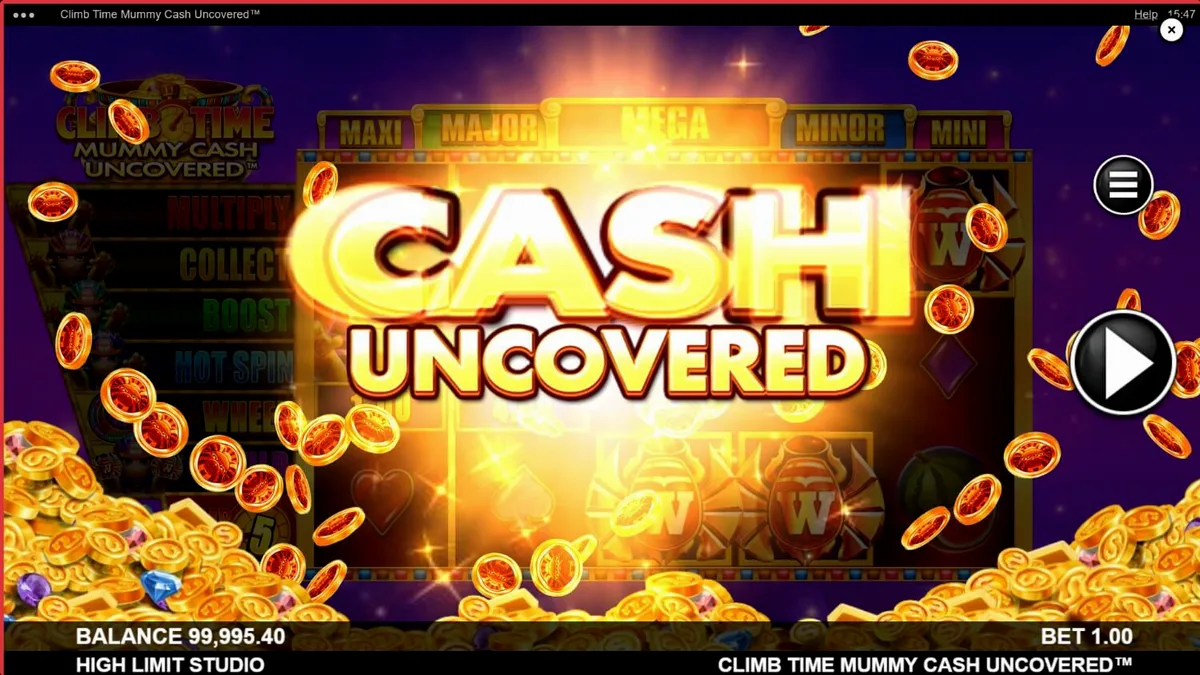 Tampilan visual slot Climb Time Mummy Cash Uncovered dengan tema Mesir Kuno
