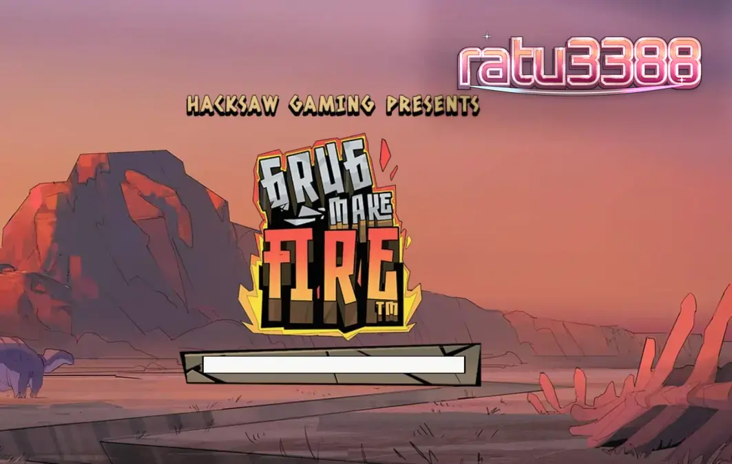 Karakter Grug dalam slot Grug Make Fire dengan latar belakang prasejarah yang membara.